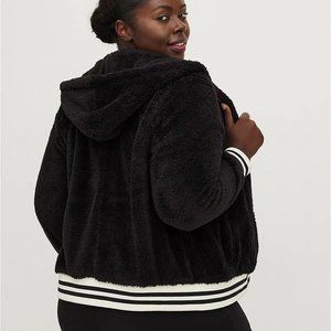 Torrid plus size bomber jacket 2 2x 18 20 black fleece coat hoodie hooded nwt